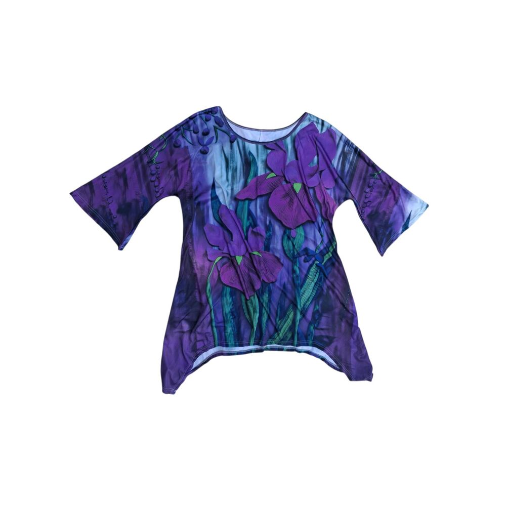 Oufisun 3X Purple Iris Floral Tunic Top Asymmetrical Handkerchief Hem 3/4 Sleeve